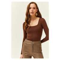 Olalook Women's Bitter Brown Square Neck Thick Ribbed Knitwear Blouse