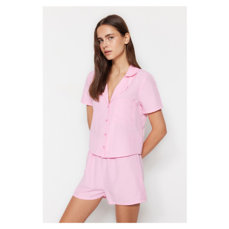 Trendyol Pink Terrycotton Shirt-Shorts Woven Pajama Set
