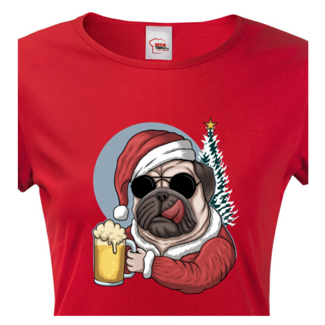 Dámské triko s potiskem Vánočního mopsíka s pivem - pro pejskařky a pivařky BezvaTriko
