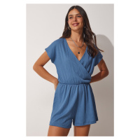 Happiness İstanbul Women's Indigo Blue Wrapped Collar Short Knitted Jumpsuit with Shorts