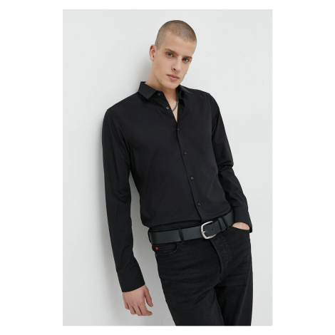 Košile HUGO pánská, černá barva, slim, s klasickým límcem Hugo Boss