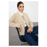 Trendyol Beige Crew Neck Zippered Coat-Look Knitwear Cardigan