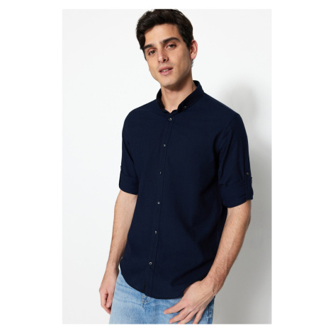 Trendyol Navy Blue Buttoned Collar Epaulettes Slim Fit Long Sleeve 100% Cotton Shirt