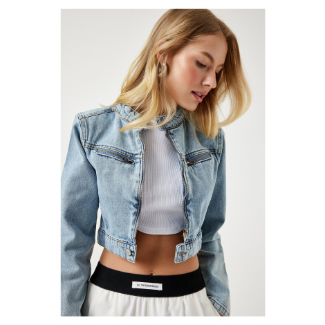 Happiness İstanbul Women's Light Blue Zipper Crop Denim Jacket