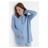 Trendyol modrý límec knoflíkovaný žebrovaný pletený svetr
