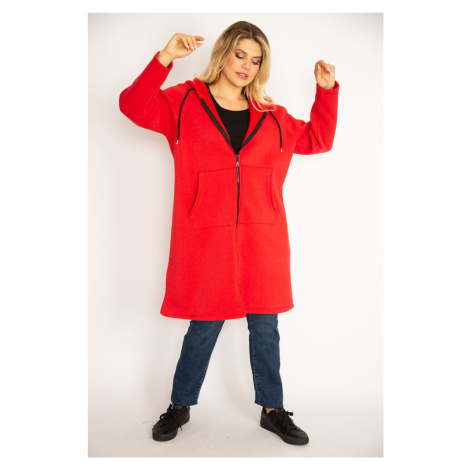 Dámský plus size červený kabát s vnitřním zvýšeným fleecovým materiálem, předním zipem, klokanko Şans