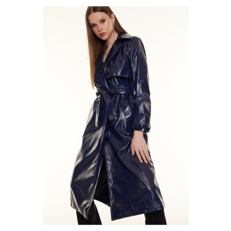 Trendyol Navy Blue Oversize Wide Cut Patent Leather Trench Coat