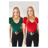 Olalook Women's Emerald Red-Red V-Neck Short Sleeve 2-pack Blouse