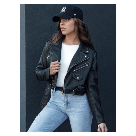 Černá kožená dámská bunda s páskem DStreet