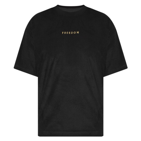 XHAN Černé volné tričko s vyšívaným nápisem "Freedom" a žebrovaným vzorem
