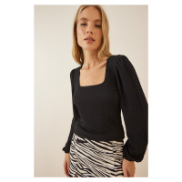 Happiness İstanbul Women's Black Square Collar Knitted Textured Blouse