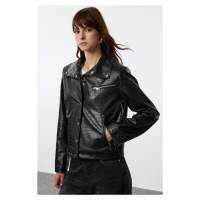 Trendyol Black Regular Fit Animal Patterned Faux Leather Jacket Coat