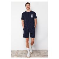 Trendyol Navy Blue Regular Fit Embroidered Terry Fabric Shorts Pajamas Set