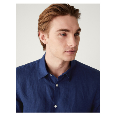Tmavě modrá pánská lněná košile s krátkým rukávem Marks & Spencer