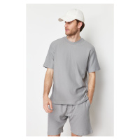 Trendyol Limited Edition Gray Oversize 100% Cotton Labeled Textured Basic Thick T-Shirt