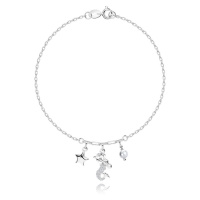 Stříbrný náramek 925 - mořská hvězdice, mořská panna, bílá syntetická perla, čirý zirkon