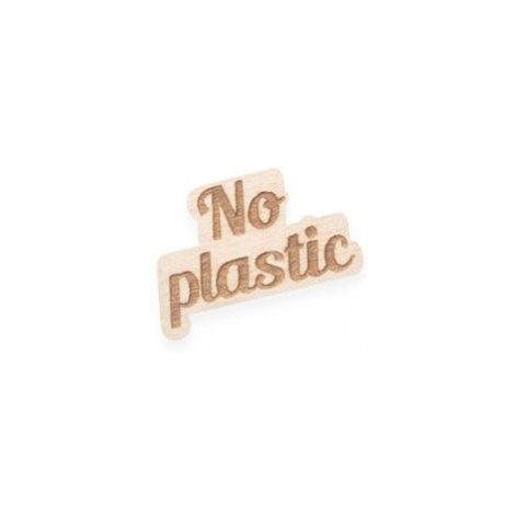 Dřevěná brož ve tvaru nápisu No Plastic BeWooden