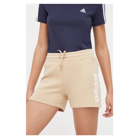 Bavlněné šortky adidas béžová barva, s potiskem, high waist, IS2079