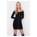 Trendyol Black Fitted/Sitting with Zipper Carmen Collar Mini Interlock Knit Dress