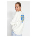 Trendyol Thick Ecru with Fleece Inside. Embossed Chest and Back Print Oversized Knitted Sweatshi