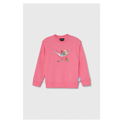 Dětská bavlněná mikina Emporio Armani x The Smurfs růžová barva, s aplikací