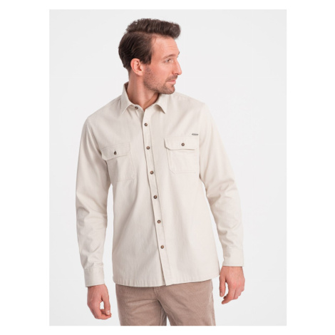 Men's REGULAR FIT cotton shirt with buttoned pockets - cream V1 OM-SHCS-0146 Ombre