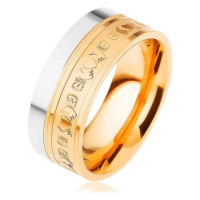 Ocelový prsten, dvoubarevný - stříbrný a zlatý odstín, ornamenty, 8 mm
