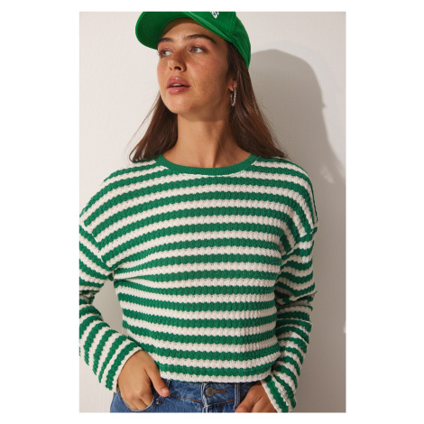 Štěstí İstanbul Dámský zelený pruhovaný háčkovaný pletený svetr Happiness