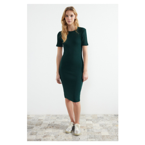 Trendyol Emerald Green Midi Crew Neck Ribbed Stretchy Knitted Midi Dress