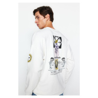 Trendyol Ecru Oversize/Wide-Fit Crew Neck Space Printed Cotton Sweatshirt