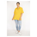 Şans Women's Mustard Plus Size Polo Neck Front Pat Buttoned Camisole Fabric Short Sleeve Blouse