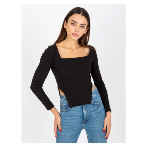 ČERNÝ CROP TOP S CÍPY A DLOUHÝMI RUKÁVY --BLACK Černá BASIC