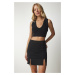 Happiness İstanbul Women's Black Double Slit Mini Knitted Skirt