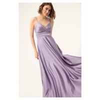 Lafaba Women's Lilac Long Satin Evening Dress &; Prom Dress with Thread Straps and Waist Belt