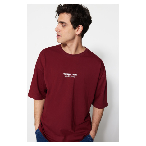 Trendyol Burgundy Oversize/Wide-Fit 100% Cotton Minimal Text Printed T-Shirt