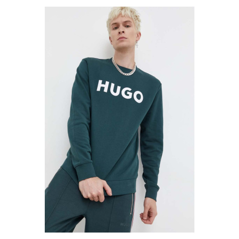 Bavlněná mikina HUGO pánská, zelená barva, s potiskem Hugo Boss