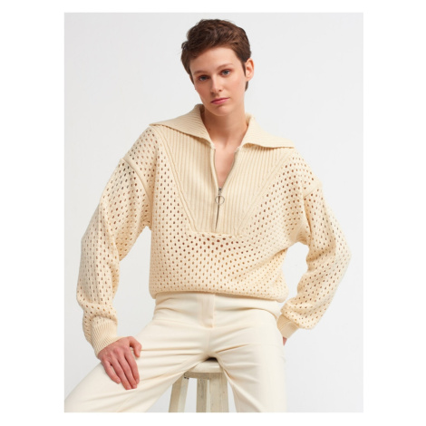 Dilvin 10140 Polo Collar Zippered Sweater-natural