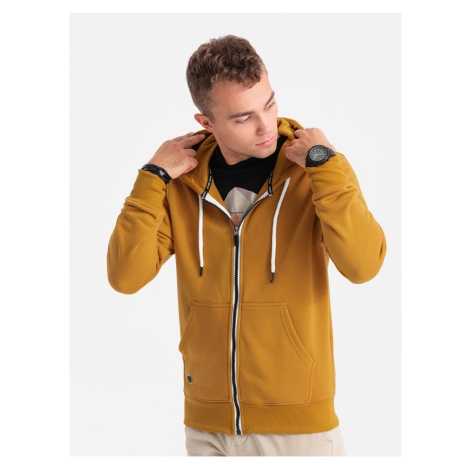 Hořčicová pánská mikina na zip s kapucí Ombre Clothing