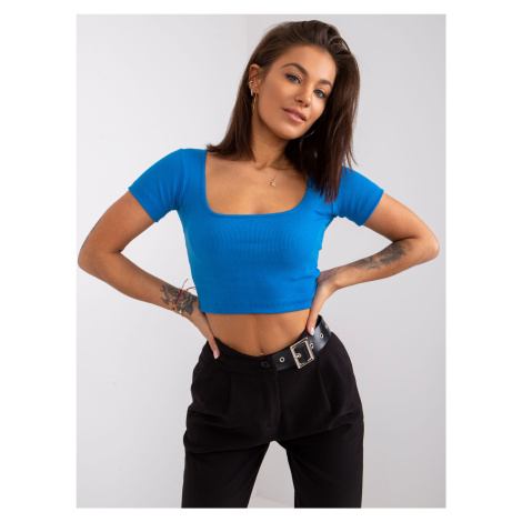 MODRÝ DÁMSKÝ CROP TOP S KRÁTKÝMI RUKÁVY -BLUE Modrá Rue Paris