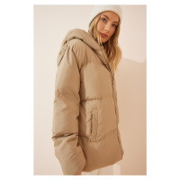 Happiness İstanbul Women's Beige Hooded Oversized Puffer Coat