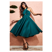Smaragdové midi šaty s áčkovou sukní