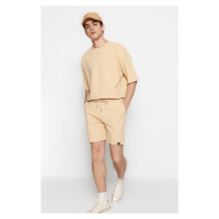 Trendyol Limited Edition Beige Regular 100% Cotton Label Detail Textured Shorts