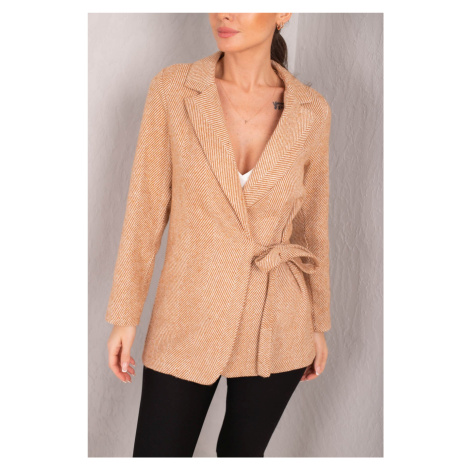 armonika Women's Camel Side Tie Herringbone Patterned Cachet Jacket