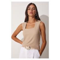 Happiness İstanbul Women's Beige Square Collar Knitted Blouse