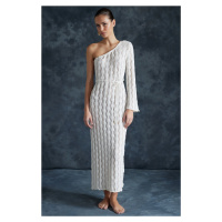 Trendyol Bridal Beige Belted Fitted Maxi Knitted Knitwear Effect One-Shoulder Beach Dress