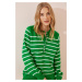 Happiness İstanbul Women's Vibrant Green Buttoned Collar Striped Knitwear Sweater