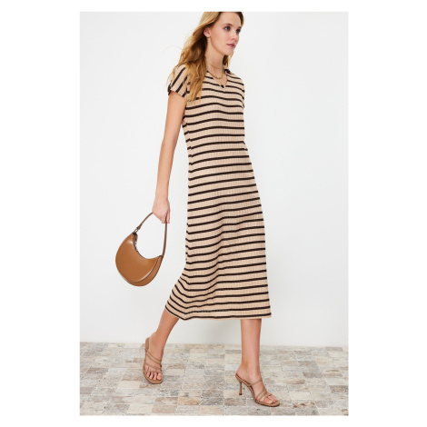 Trendyol Beige Striped Knitwear Look Polo Neck Maxi Knitted Maxi Dress