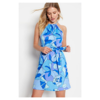 Trendyol Modrý pásek A-Line Mini tkané květinové tkané šaty