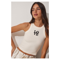 Happiness İstanbul Women's Cream Barbell Neck Embroidered Corduroy Knitted Crop Blouse