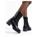 Módní černé dámské kotníčkové boty na širokém podpatku